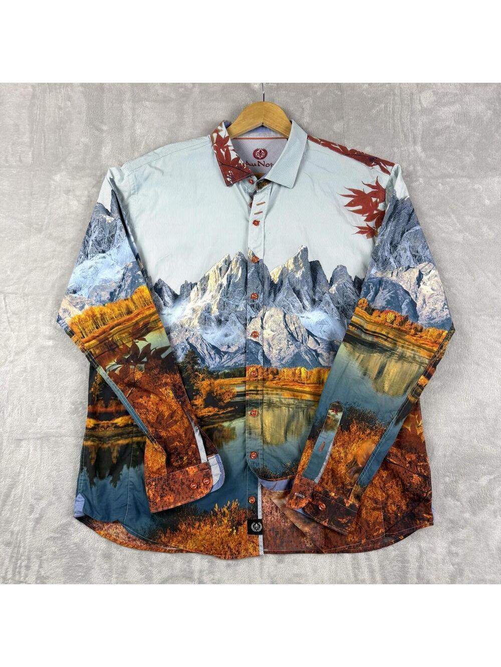 Au Noir Mountain Landscape Print Button Up Shirt Mens M Artwear Statement Rare